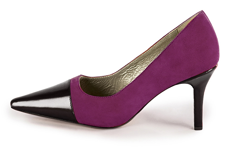 Gloss black and mulberry purple women's dress pumps,with a square neckline. Pointed toe. High slim heel. Profile view - Florence KOOIJMAN
